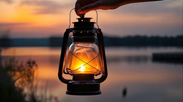 Hand holding a lit kerosene lamp at sunset.