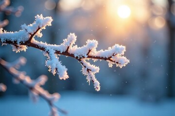 Obraz premium Hoarfrost-covered tree branch sparkles under bright sunlight, winter landscape, frozen vegetation