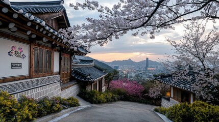 Spring blossoms and traditional architecture in bukchon hanok village seoul scenic landscape cultural heritage view