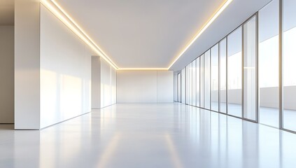 Modern empty office space with large windows, city view, and warm lighting.