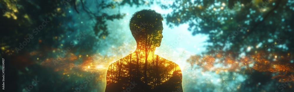 Aufkleber man glowing with nature's beauty, connecting art and environment in a serene forest setting