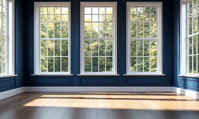 Sunlit Room with Large Windows and Blue Walls