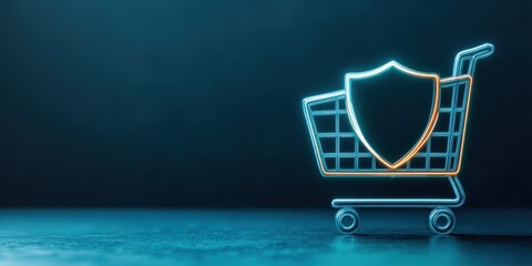 A futuristic shopping cart icon glowing with a secure shield overlay, symbolizing safe e-commerce payments
