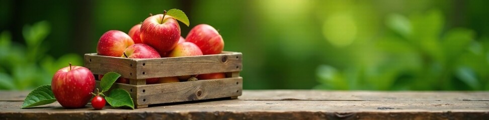 Wooden box with apples and a small plant nearby, greenery, natural