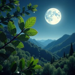 Obraz premium Eucalyptus leaves glistening with dew and moonbeams, landscape, full moon, eucalyptus