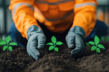 Forest workers planting trees. Planting trees to get carbon credit. Forest carbon monitoring. Regulations and carbon footprint.