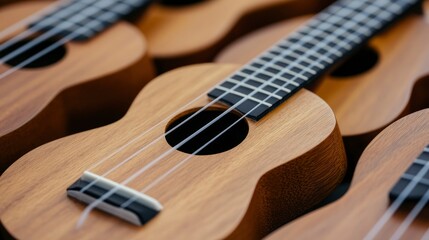 Obraz premium Close-up of Multiple Ukuleles, Musical Instruments, Wood Texture