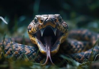 Fototapeta premium Close-Up of a Hooded Snake with Open Mouth in Nature, Showing Detailed Scales and Textures Under Natural Light, Capturing the Raw Beauty of Reptiles in Their Habitat
