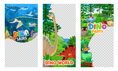 Dino park flyer templates with prehistoric dinosaurs in lush, jungle forest and underwater landscape. Vector frame or border for promoting adventurous dinosaur themed events, parties or entertainment