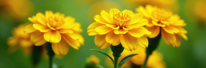 Fototapeta premium Bright yellow marigold flower with delicate petals, greenery, flowers
