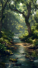 Nature's Symphony: A Harmonious Scene of Tranquil River Flowing Through Lush Forest Coexisting with Wildlife in Perfect Balance
