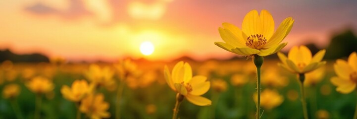 Obraz premium Evening primrose blooms against a warm sunset sky with soft yellow petals, serene, bloom, warm