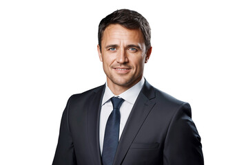 Portrait of a smiling businessman manager in suit, isolated on transparent background