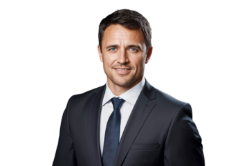 Portrait of a smiling businessman manager in suit, isolated on transparent background