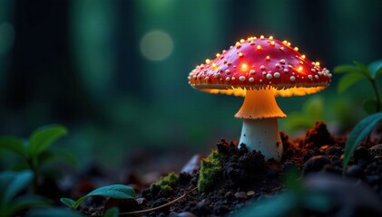 Fototapeta premium Luminous fly agaric cap glows softly in the forest floor's darkness, forestfloor, fungi