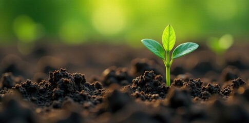 Small green shoot breaks through soil surface, botanical, plants, earthy tones