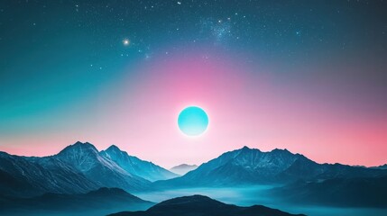 Fototapeta premium A time lapse image showcasing the transition from darkness to dawn as the sun gradually rises over a mountain range, with stars fading and the sky transforming from deep blue to vibrant hues.