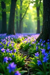 Obraz premium Softly glowing bluebells carpeting the forest floor, natural scenery, forest landscape, woods