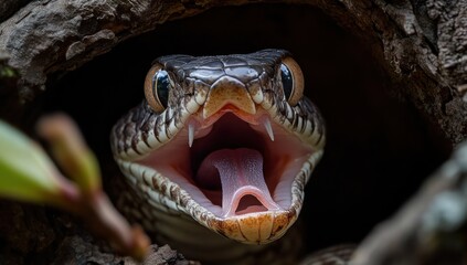 Obraz premium Close-Up of a Serpent Emerging from a Hollow Tree, Showcasing Its Distinctive Features and Intense Expression with Tongue Flicking in Natural Habitat