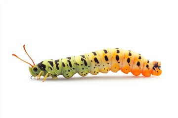 Naklejka premium Green and yellow caterpillar with black spots on its back. The caterpillar is curled up and has a long, thin body