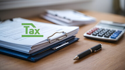 Close-up of a stack of documents with a calculator and pen on a wooden desk, symbolizing tax rules and financial planning.