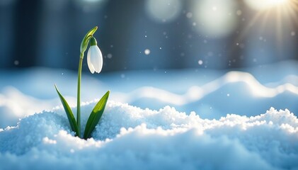 Frozen landscape with snowdrop emerging from snow, white, frozen, winter