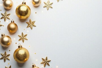 Fototapeta premium Glittering golden ornaments scattered on a snowy white background, snowflake, white