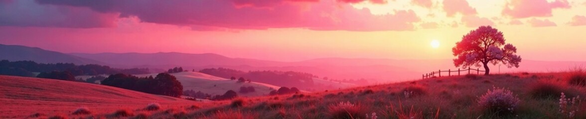 Soft pink sky descends over rolling hills as warm light creeps over the field and tree by fence, nature, landscape, warmth