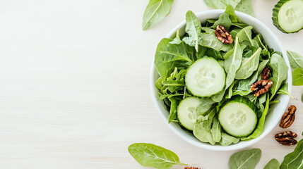 Obraz premium Fresh green salad with cucumber, spinach and walnuts in bowl on wooden background