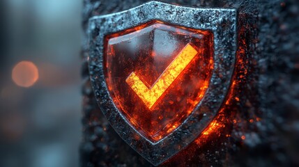 Glowing checkmark on a metallic shield embedded in rock.