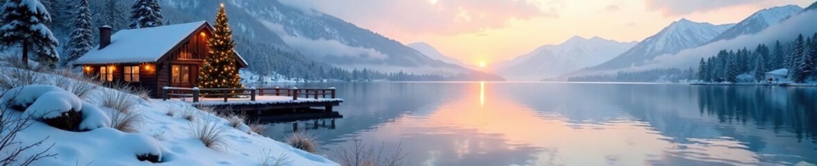 Fototapeta premium Snowy lake shore with a serene winter dock and Christmas tree, serene, dock