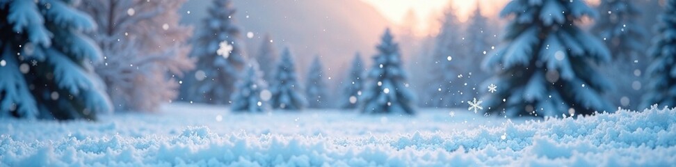 Softly falling snowflakes on a winter scene background, serene landscape, icy landscape