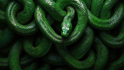 Fototapeta premium Close-Up of a Vibrant Green Snake Coiled Amongst Lush Greenery, Showcasing the Intricate Patterns and Textures of Its Scales and Natural Habitat