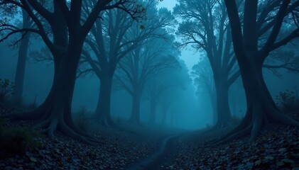 Dark forest landscape with twisted trees and eerie fog, mystical, secrets, night