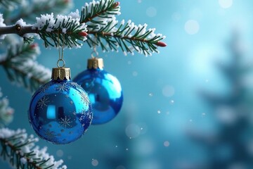 Elegant blue glass ornaments hanging from a frosted pine branch, blue glass, blue ornaments