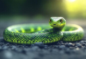 Fototapeta premium Close-Up of a Vibrant Green Snake Curled on a Pathway with Soft Natural Light and Blurred Background Creating a Serene and Captivating Atmosphere in Nature