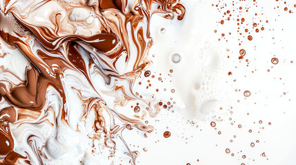 Liquid chocolate swirls on white background. Abstract background with copy space