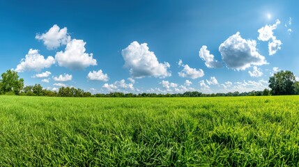 Fototapeta premium A wide angle shot of a vibrant green meadow stretching out beneath a boundless blue sky, scattered with puffy white clouds that drift lazily by.