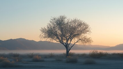 A lone tree stands in a tranquil desert setting at sunrise, surrounded by mist and distant mountains.