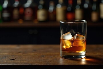 Smooth liquid whiskey poured over ice cubes on a worn wooden bar counter, whiskey, texture, counter
