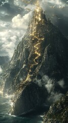 A surreal volcanic island surrounded by rivers of molten crystal. Radiant phoenixes circle the volcano’s peak, and the black volcanic rock is covered in glowing veins of golden energy that pulse 
