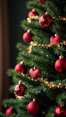 Garlands and red heart decorations on decorated Christmas tree, Decorated tree, Festive