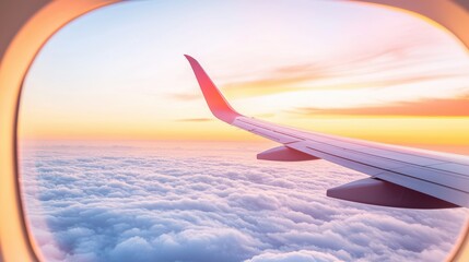Sunrise above the clouds, casting a warm, golden glow on the fluffy white expanse, captured from an airplane window, creating a sense of awe and wonder.