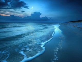 A tranquil beach where the sand glows softly in shades of blue and green. Bioluminescent waves crash onto the shore, leaving shimmering trails of light that ripple outward like liquid stars, 