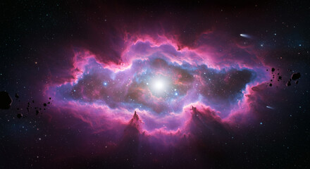 Fototapeta premium Vibrant Nebula in Deep Space with Asteroids and Bright Star