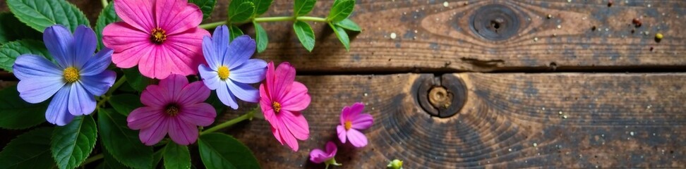 Fototapeta premium Forget me nots and eucalyptus on a reclaimed wooden table, nature, forget