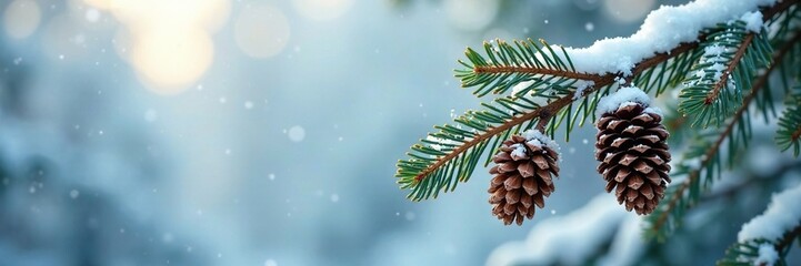 Snowy pinecones cling to a frosty fir branch against a backdrop of soft white and blue hues, winter wonderland, bokeh