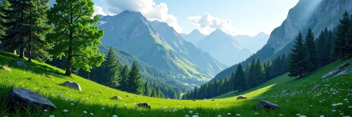 Fototapeta premium Soothing forest glade amidst towering mountains, nature, mountains, green