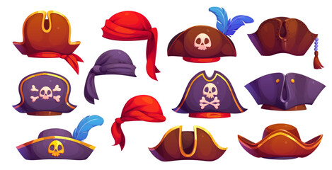 Cartoon pirate tricorn cocked hats and corsair bandanas of Caribbean sailors, vector icons. Pirate hats of boatswain corsair tricorne hat with Jolly Roger skull crossbones and skipper bandana kerchief