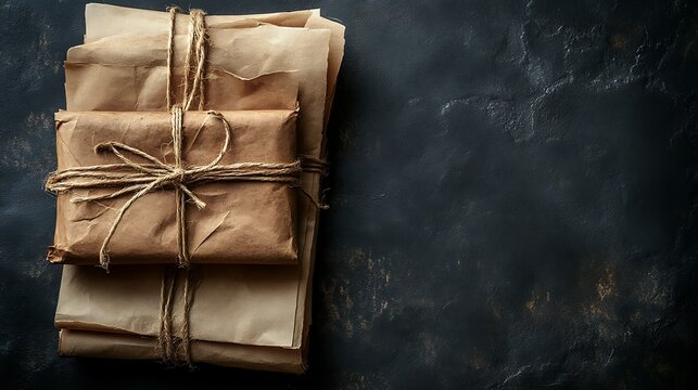 Rustic brown paper parcels tied with twine on dark background.  Perfect for shipping, delivery, or eco-friendly packaging concepts.